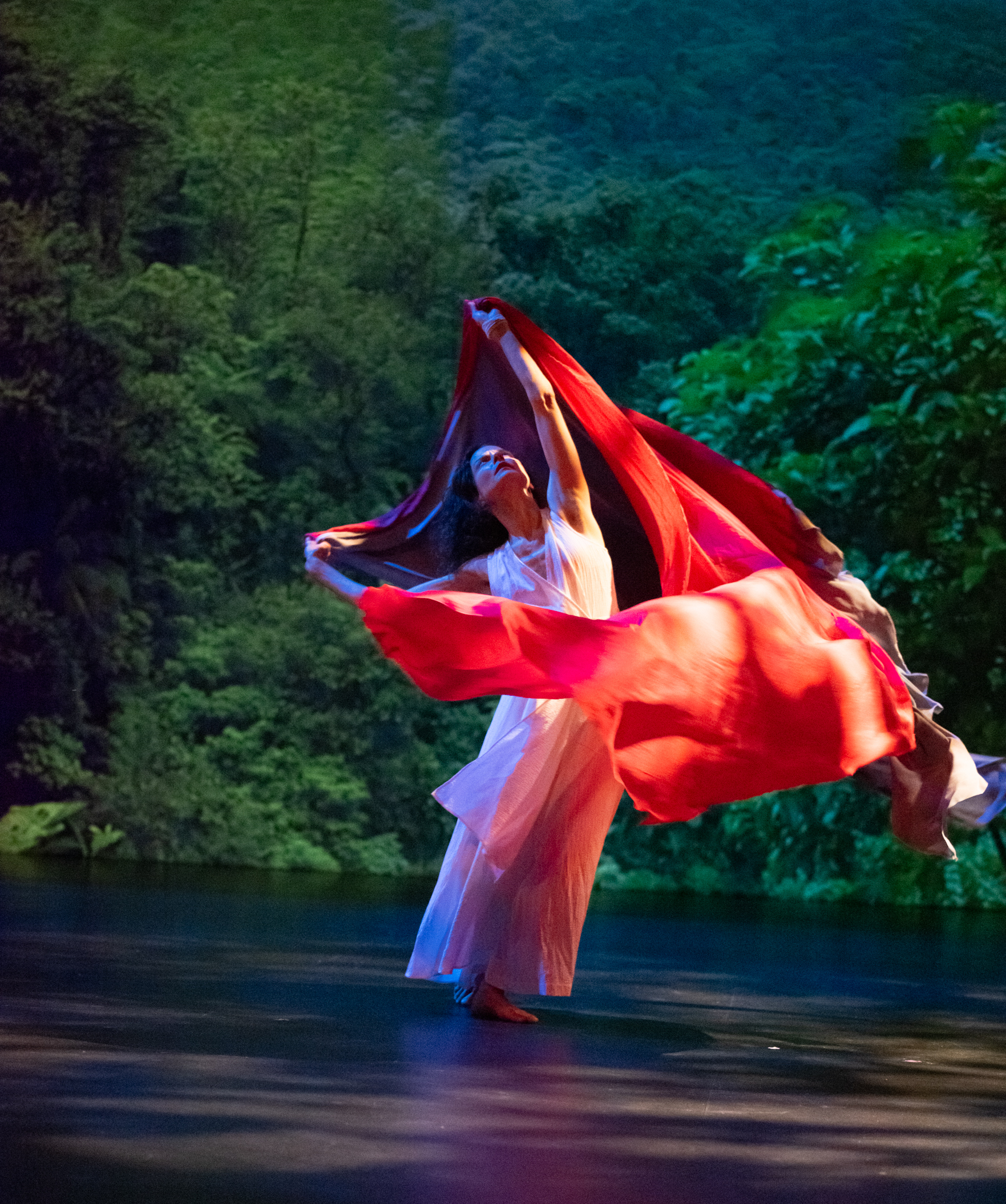 a woman dancing in a white flow dress with a red shawl overhead on a stage with a forest background