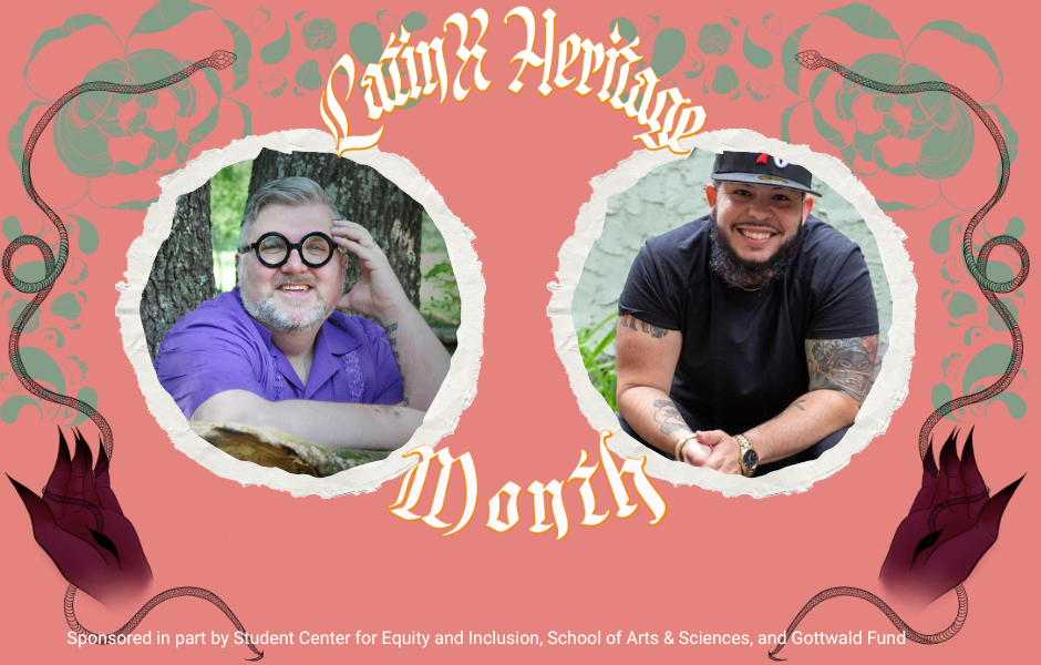 a non-binary person poseing with their arms crossed on a tree branch in purple and another non-binary person in black sitting down both smiling