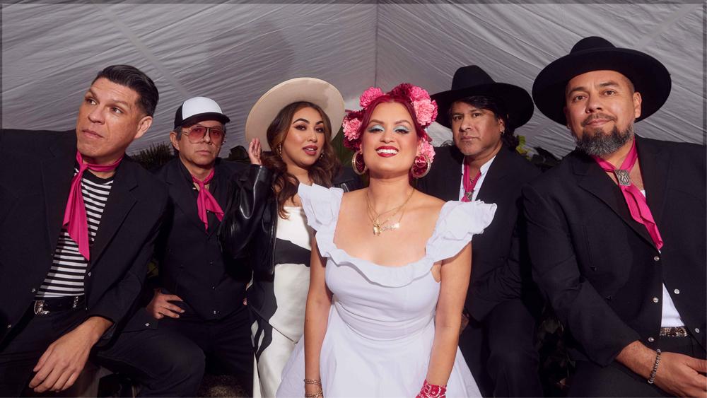 all six bandmates looking into the camera. the men are wearing black suits with pink ascots and women are women white dresses with pink flowers on their head